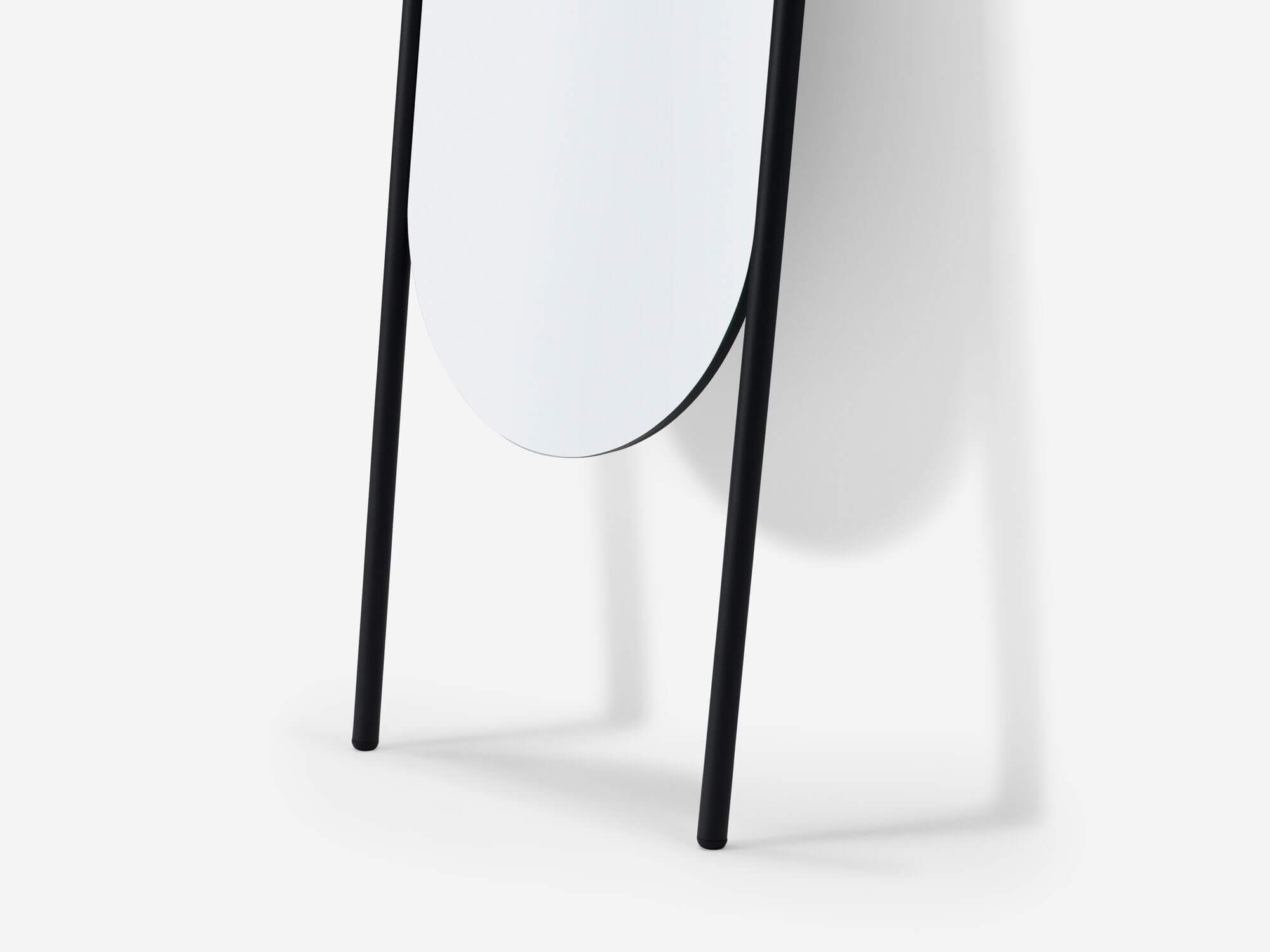 Bottom detail view of full length mirror with black edge
